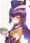  1girl arm_warmers armor bare_shoulders choker closed_mouth cup from_side glasses green_tea half-closed_eyes hat holding holding_cup japanese_clothes kasen_kanesada_(tenka_hyakken) long_hair looking_at_viewer okanoyuno purple_hair shoulder_armor tea tenka_hyakken yellow_eyes 
