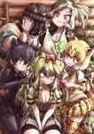  5girls :&lt; :q animal_ears animal_print bangs bare_arms beanie behind_another black_hair black_leopard_(kemono_friends) blonde_hair blush bow breasts brushing_another&#039;s_hair brushing_hair c: camisole cleavage closed_mouth collared_vest comb crocodilian_tail elbow_gloves extra_ears fang fang_out glasses gloves gorilla_(kemono_friends) green_eyes green_hair grin hair_between_eyes hair_bow hairdressing hat high_ponytail highres holding holding_clothes holding_comb indoors jacket kemono_friends kemono_friends_3 kneeling leopard_(kemono_friends) leopard_ears leopard_girl leopard_print leopard_tail long_hair long_sleeves looking_at_another medium_breasts medium_hair miniskirt multicolored_hair multiple_girls necktie orange_eyes pantyhose pleated_skirt print_gloves print_necktie print_skirt print_thighhighs saltwater_crocodile_(kemono_friends) shirt short_sleeves sitting skin_fang skirt smile spectacled_caiman_(kemono_friends) sweater_vest tail tan teriiman thighhighs tongue tongue_out unzipped v_arms vest white_hair yellow_eyes zettai_ryouiki zipper zipper_pull_tab 