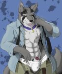  2015 abs animal_genitalia anthro biped candid canid canine canis clothed clothing collar colored flaccid genitals male mammal muscular muscular_anthro muscular_male open_clothing open_shirt open_topwear penis sheath shirt solo tongue tongue_out topwear underwear wolf zerofox1000 