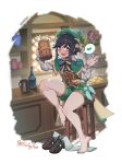  1boy bangs bar_(place) bare_legs barefoot beer_mug beret black_hair blue_hair blush braid cape chair collared_cape cup drunk english_commentary feet flower frilled_sleeves frills full_body genshin_impact gradient_hair green_cape green_eyes green_headwear green_shorts grey_thighhighs hands_up hat hat_flower heart highres holding knee_up legs looking_at_viewer male_focus motion_lines mug multicolored_hair open_mouth otoko_no_ko shadow shoes shoes_removed shorts side_braids sin_(sintrybest) sitting solo spoken_heart thighhighs thighhighs_removed thighs toes twitter_username venti_(genshin_impact) waving 
