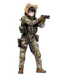  1girl absurdres animal_ears assault_rifle bangs bear_hat belt_pouch black_hair boots borrowed_character brown_footwear brown_gloves camouflage camouflage_pants commentary english_commentary epakim fake_animal_ears full_body gloves gun hair_between_eyes handgun highres holding holding_gun holding_weapon holster knee_pads lanyard light_blush load_bearing_vest long_sleeves magazine_(weapon) medium_hair mole mole_under_mouth open_mouth original pants pouch rifle simple_background sketch solo standing tactical_clothes thigh_holster trigger_discipline weapon white_background yellow_eyes 