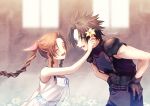  1boy 1girl aerith_gainsborough armor bangs bare_shoulders black_gloves black_hair blue_eyes blush braid braided_ponytail brown_hair closed_eyes commentary_request couple crisis_core_final_fantasy_vii dress final_fantasy final_fantasy_vii flower gloves hair_flower hair_ornament hair_ribbon hands_on_hips happy height_difference hetero highres indoors long_hair open_mouth parted_bangs pink_ribbon ribbed_sweater ribbon shoulder_armor sidelocks sleeveless sleeveless_dress spiked_hair sweater tomato_(otom67) turtleneck turtleneck_sweater twitter_username yellow_flower zack_fair 