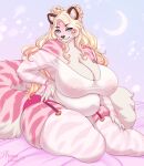  anthro areola big_areola blonde_hair blue_eyes clothed clothing felid female fluffy fluffy_tail fur garter_straps hair hand_on_hip hi_res legwear mammal nipple_outline overweight overweight_anthro overweight_female pantherine partially_clothed pink_body pink_fur shirt sitting solo spottedtigress stockings striped_body striped_fur stripes tail thick_thighs tiger topwear translucent translucent_clothing voluptuous_female 