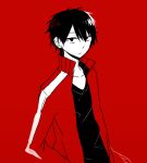  1boy :/ arms_at_sides asahimachi black_eyes black_hair black_shirt closed_mouth collarbone collared_jacket commentary_request empty_eyes hair_between_eyes jacket kagerou_project kisaragi_shintarou looking_at_viewer male_focus mekakucity_actors open_clothes open_jacket popped_collar red_background red_jacket red_theme shirt simple_background sketch solo striped striped_jacket t-shirt track_jacket upper_body 