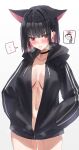  1girl animal_ears arona&#039;s_sensei_doodle_(blue_archive) bangs black_choker black_hair black_jacket blue_archive blush breasts cat_ears center_opening choker clenched_teeth colored_inner_hair drawstring highres hood hooded_jacket horn/wood jacket kazusa_(blue_archive) long_sleeves looking_at_viewer medium_breasts multicolored_hair navel pink_eyes pink_hair sensei_(blue_archive) short_hair sweat teeth thighs two-tone_hair 
