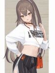  1girl bag black_skirt blush brown_hair casual character_name choker commentary_request cowboy_shot girls&#039;_frontline hair_between_eyes hand_on_hip handbag headphones headphones_around_neck highres long_hair long_sleeves looking_at_viewer midriff navel official_alternate_costume one_side_up open_mouth scar scar_across_eye shirt skirt smile solo striped striped_skirt ump45_(girls&#039;_frontline) vii22581034 white_shirt yellow_eyes 