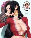  1girl absurdres arms_up black_hair blue_eyes blush boa_hancock breasts cleavage clenched_hands closed_eyes denim denim_shorts earrings elpipe_3000 grin hand_up hat heart highres huge_breasts jewelry long_hair monkey_d._luffy one_piece patreon_username red_shirt scar scar_on_stomach shirt shorts smile snake_earrings speech_bubble straw_hat teeth 