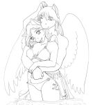  anthro bangs bikini clothing cutie_mark duo earth_pony embrace equid equine feathered_wings feathers female hair hasbro horse humanoid_hands line_art long_hair male male/female mammal my_little_pony partially_submerged pegasus pony prick_ears qwaychou smile standing swimwear water wings 