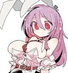  1girl belt blush breasts buttons closed_mouth collared_shirt hair_between_eyes large_breasts light_purple_hair long_hair massakasama necktie red_belt red_eyes red_necktie reisen_udongein_inaba shirt simple_background solo touhou upper_body white_background white_shirt 