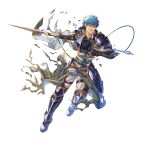  1boy armor blue_eyes blue_hair breastplate clenched_teeth fire_emblem fire_emblem:_radiant_dawn fire_emblem_heroes geoffrey_(fire_emblem) holding holding_polearm holding_weapon leg_armor male_focus official_art polearm polearm_behind_back solo teeth torn_clothes weapon white_background 