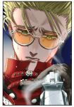  1boy black_gloves blonde_hair coat crying crying_with_eyes_open gloves green_eyes highres mamoyarou open_mouth red_coat sad solo sunglasses tears teeth trigun vash_the_stampede 