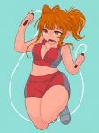  1girl absurdres aqua_background bangs breasts brown_hair full_body highres holding_jump_rope jump_rope jumping legs_up medium_breasts midriff navel open_mouth original ponytail red_shorts red_sports_bra shorts simple_background solo sports_bra yamamorino_pine 