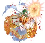  1girl breasts dress elincia_ridell_crimea fire_emblem fire_emblem:_radiant_dawn fire_emblem_heroes frilled_dress frilled_sleeves frills green_eyes green_hair hair_bun high_heels holding holding_staff juliet_sleeves light long_sleeves medium_breasts official_art open_mouth petals puffy_sleeves red_footwear shine solo staff white_background yellow_dress 