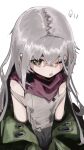  1girl brown_eyes character_name donut_335 flat_chest g11_(girls&#039;_frontline) girls&#039;_frontline green_jacket grey_hair highres jacket long_hair looking_at_viewer off_shoulder one_eye_closed open_mouth purple_scarf scarf simple_background sleeveless solo upper_body white_background 