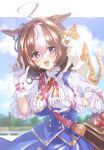  1girl ahoge animal_ears animal_on_shoulder bag blurry blurry_background blush breasts cat commentary_request gloves headband highres horse_ears horse_girl kuroi_mimei large_breasts meisho_doto_(umamusume) meto_(cat) open_mouth purple_eyes satchel sky solo tears umamusume 