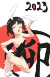  1girl 2023 :3 animal_ears bare_shoulders black_leotard breasts chinese_zodiac collarbone commentary_request flag_background half-closed_eyes hand_on_own_thigh hand_up high_heels highres japanese_flag kneeling leotard looking_at_viewer medium_hair original oversized_breast_cup paw_shoes rabbit_ears rabbit_tail red_background red_eyes shima_(temple_is_land) small_breasts solo strapless strapless_leotard tail teeth upper_teeth_only white_background year_of_the_rabbit 