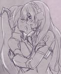  bad_id bad_pixiv_id blush breath hatsune_miku headphones hijiki_(hijikini) kiss long_hair megurine_luka monochrome multiple_girls saliva saliva_trail sketch vocaloid yuri 