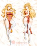  1girl ahoge alfred_cullado artist_name ass bangs bare_arms bare_shoulders bed_sheet black_panties blonde_hair blush breasts china_dress chinese_clothes cleavage cleavage_cutout closed_mouth covered_navel dakimakura double_bun dress eyebrows_visible_through_hair full_body highres knee_up large_breasts long_hair looking_at_viewer lying no_shoes on_back on_stomach panties patreon_username pelvic_curtain purple_eyes red_dress red_eyes rwby side-tie_panties sleeveless sleeveless_dress smile solo thighhighs underwear v-shaped_eyebrows very_long_hair watermark wavy_hair web_address white_legwear yang_xiao_long 