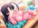  aisaka_shinorin akata_itsuki arm_support barefoot black_hair breasts chin_rest controller couch feet game_cg gengetsu_no_pandora hair_ribbon huge_breasts long_hair lying on_side pillow purple_eyes remote_control ribbon shirt solo striped taut_clothes taut_shirt twintails 