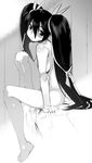 barefoot bed copyright_request greyscale hyocorou long_hair monochrome nude sitting solo sweat twintails very_long_hair 
