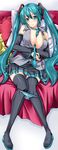  absurdres aqua_eyes aqua_hair arsenal between_breasts boots breasts detached_sleeves hatsune_miku highres large_breasts legs long_hair necktie open_clothes open_shirt panties panty_pull pillow shirt sitting skirt solo striped striped_panties thigh_boots thigh_gap thighhighs twintails underwear very_long_hair vocaloid 