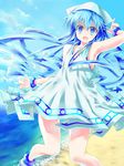  beach blue_eyes blue_hair day dress hat ikamusume kiryuu_mina long_hair shinryaku!_ikamusume solo tentacle_hair 