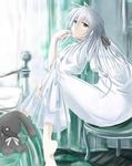  absurdres bad_id bad_pixiv_id barefoot blush dress hair_ribbon highres kasugano_sora long_hair michitose_michiru open_mouth ribbon sitting solo stuffed_animal stuffed_bunny stuffed_toy white_hair yellow_eyes yosuga_no_sora 