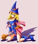  ashi_ura bare_shoulders blonde_hair blue_footwear blush boots breasts choker cleavage dark_magician_girl detached_sleeves duel_monster green_eyes hat large_breasts long_hair pentacle pink_background skirt smile solo staff wand witch_hat wizard_hat yuu-gi-ou yuu-gi-ou_duel_monsters 