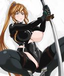  bodysuit breasts censored copyright_request green_eyes katana large_breasts long_hair orange_hair ponytail pubic_hair pussy reverse_grip simple_background solo sword torn_clothes usatarou weapon 