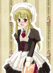  androgynous bad_id bad_pixiv_id blonde_hair blush brown_eyes corset crossdressing evergreen_(kate) maid male_focus ponytail solo umineko_no_naku_koro_ni ushiromiya_lion yasu_(umineko) 