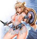  1girl armor armored_dress bare_shoulders belt blonde_hair breasts cleavage curvy green_eyes hair_ornament large_breasts long_hair mature miniskirt no_bra panties pantyshot revealing_clothes see-through shield sideboob skirt solo sophitia_alexandra soulcalibur soulcalibur_iv sword underwear upskirt very_long_hair weapon white_panties wide_hips 