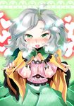  breasts green_eyes heart image_sample komeiji_koishi large_breasts long_hair md5_mismatch nail_polish nippleless_clothes no_hat no_headwear open_clothes pixiv_sample saliva silver_hair solo touhou undressing yukimimi 