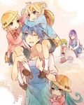  3girls apron aqua_eyes aqua_hair artist_request bag blonde_hair blue_eyes blue_hair bow bucket d: green_hair grin gumi hair_ornament hairclip hat hatsune_miku kagamine_len kagamine_rin kaito kamui_gakupo kindergarten kindergarten_teacher loafers long_hair marker multiple_boys multiple_girls open_mouth ponytail pulling purple_hair school_hat school_uniform shoes short_hair sitting smile socks star sweatdrop trowel vocaloid younger 