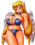  angel_wings astraea between_breasts bikini blonde_hair blush breasts chain chibi cleavage collar cosplay curvy giantess huge_breasts long_hair miniboy moriichi person_between_breasts plump sakurai_tomoki simple_background solo sora_no_otoshimono swimsuit twintails wings 