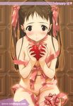  blush breasts brown_hair io_takuya long_hair medium_breasts naked_ribbon nude original ribbon sitting solo twintails valentine 