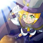  blazblue blonde_hair buttons cape carl_clover cloak glasses gloves green_eyes hat looking_up lowres male_focus open_mouth ribbon shorts smile solo top_hat 
