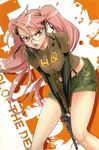  absurdres breast_squeeze breasts glasses gun handgun highres highschool_of_the_dead large_breasts legs long_legs luger_p08 midriff open_mouth pink_hair pistol ribbon satou_shouji shorts solo suspenders takagi_saya thighs twintails weapon yellow_eyes 