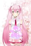  alternate_color alternate_hair_color bad_id bad_pixiv_id bouquet cherry_blossoms detached_sleeves flower hatsune_miku long_hair meno necktie object_namesake petals pink pink_hair sakura_miku skirt smile solo thighhighs twintails very_long_hair vocaloid zettai_ryouiki 