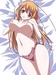  breasts brown_eyes brown_hair half_updo hanamaru_youchien kikuchi_tsutomu large_breasts long_hair nipples panties solo striped striped_panties underwear very_long_hair yamamoto_nanako 