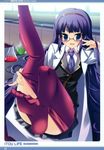  absurdres blazer blush convenient_leg copyright_request desk erlenmeyer_flask fang feet flask glasses highres itou_life jacket labcoat leg_lift long_hair necktie no_shoes pantyhose pantyhose_pull red_legwear school_uniform skirt solo toes undressing very_long_hair 
