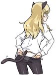  animal_ears ass blonde_hair cat_ears dressing from_behind glasses long_hair oekaki panties panties_under_pantyhose pantyhose pantyhose_pull peg perrine_h_clostermann solo strike_witches tail underwear world_witches_series yellow_eyes 