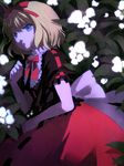  74_(teduka) blonde_hair blue_eyes bow bowtie colored_eyelashes dress eyelashes face flower glowing hair_ribbon hands highres lily_of_the_valley lying medicine_melancholy night on_side ribbon short_hair solo touhou 