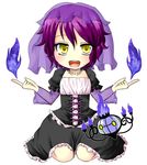  chandelure chibi dress dual_persona fire flame gijinka jewelry moemon necklace open_mouth personification pokemon pokemon_(game) pokemon_black_and_white pokemon_bw ponytail purple_hair shanderaa short_hair simple_background sitting smile solo veil yellow_eyes 