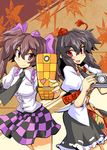  black_hair bow brown_eyes brown_hair camera cellphone checkered checkered_skirt hair_bow harukatron hat himekaidou_hatate md5_mismatch multiple_girls necktie phone red_eyes shameimaru_aya short_hair skirt tokin_hat touhou twintails 