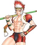  1boy abs chest male male_focus muscle musou_orochi simple_background solo sun_wukong underwear warriors_orochi weapon white_background yellow_eyes 