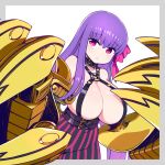  1girl bare_shoulders belt_buckle breasts buckle chan_co claws cleavage collar eyebrows_visible_through_hair fate/grand_order fate_(series) hair_ribbon huge_breasts long_hair looking_at_viewer o-ring out_of_frame parted_lips passion_lip pink_eyes pink_ribbon prosthesis prosthetic_arm purple_hair ribbon simple_background solo striped tareme tearing_up tears upper_body vertical_stripes very_long_hair white_background 
