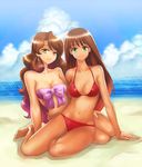  beach bikini boyaking breasts brown_hair cleavage cloud copyright_request day green_eyes large_breasts long_hair multiple_girls navel outdoors sitting swimsuit tan water yellow_eyes yokozuwari 