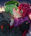  1boy 1girl beret black_jacket dated flaky_(happy_tree_friends) flippy_(happy_tree_friends) gloves green_hair happy_tree_friends hat hetero highres jacket kiss long_hair mary_felizola personification purple_scarf red_eyes red_hair scarf signature sweat upper_body 