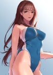  1girl blue_one-piece_swimsuit breasts brown_hair commentary_request competition_swimsuit cowboy_shot gradient_background highres large_breasts long_hair one-piece_swimsuit open_mouth original red_eyes royal_s solo swimsuit teeth twitter_username two-tone_one-piece_swimsuit upper_teeth_only water_drop wet wet_clothes wet_swimsuit 