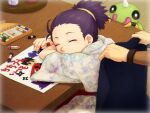  blanket closed_eyes crayon drawing fishnet_armwear golbat highres holding holding_crayon janine_(pokemon) koga_(pokemon) nemoppoi picture_(object) pokemon pokemon_(game) pokemon_gsc ponytail purple_hair sleeping sleeping_upright solo_focus spinarak table 